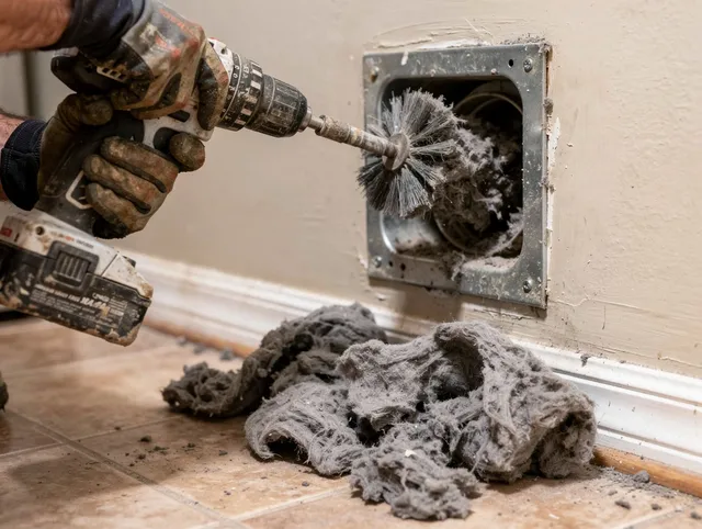 Certified New Milford Dryer Vent Cleaning technician performing dryer vent cleaning in New Milford