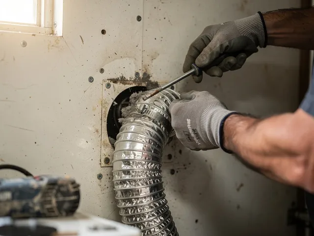 New Milford Dryer Vent Cleaning technician performing precise dryer vent hose installation in New Milford